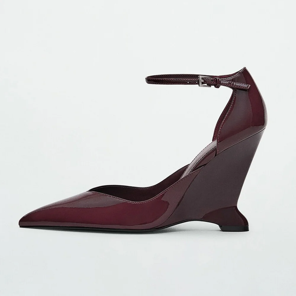 Simple Maroon Pointed Toe Ankle Strap Wedge Heel Pumps for Women