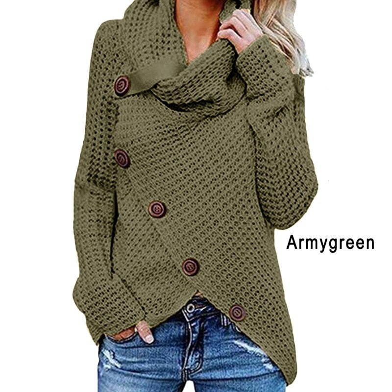 Turtleneck  Solid Knited Sweaters Women Autumn Irregular Hem Buttons  Knitted Pullover Female Korean  Plus Size Jumper Sweaters
