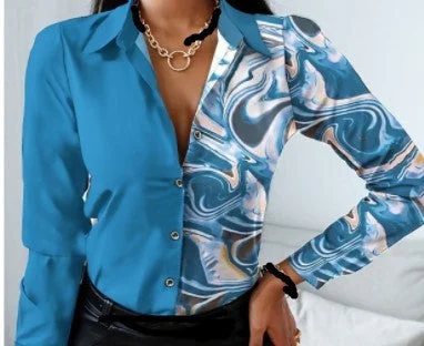 Uveng Long Sleeve V-neck Color-block Retro Shirt Top