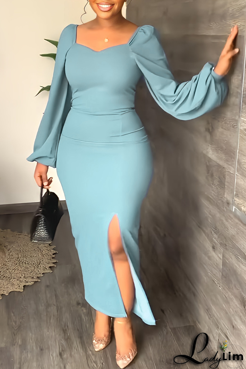 Sky Blue Fashion Solid High Opening Square Collar Pencil Skirt Dresses