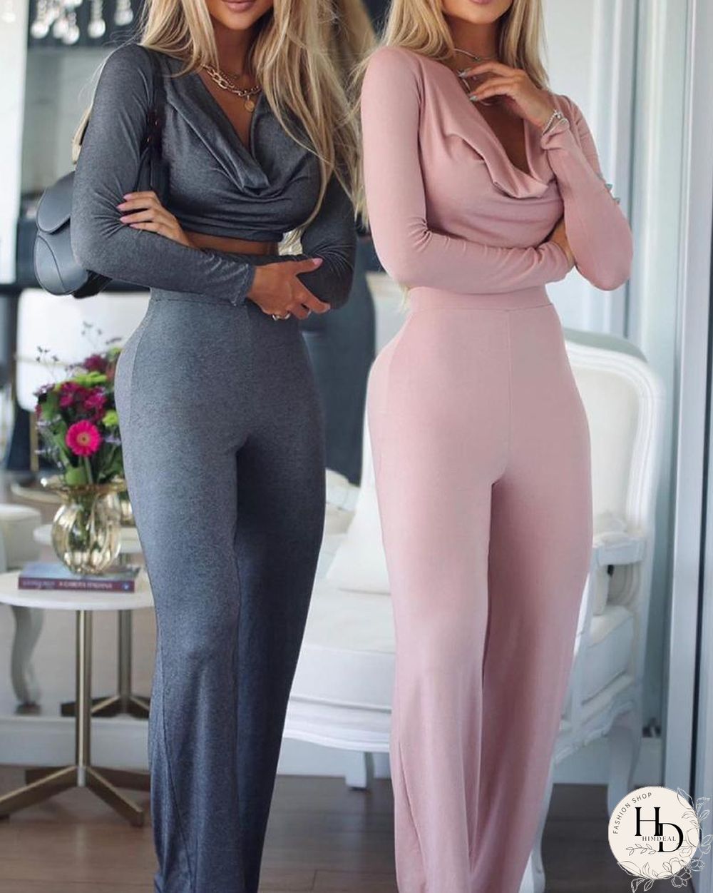 Cowl Neck Crop Top & Wide Leg Pants Set