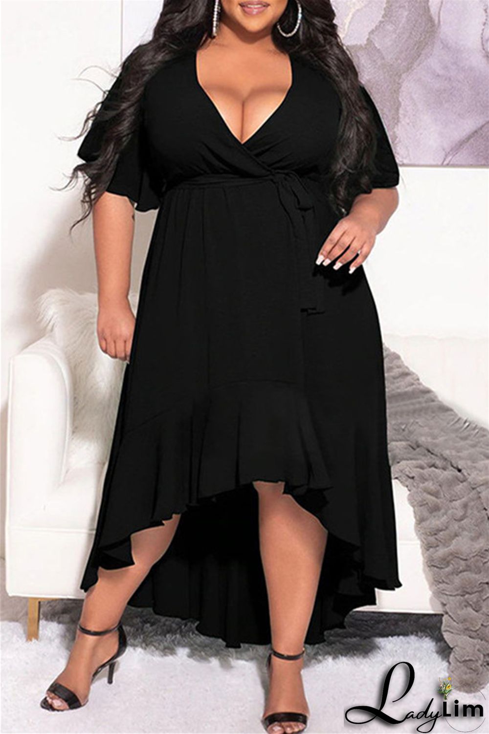 Blue Fashion Casual Solid Bandage Flounce V Neck Irregular Dress Plus Size Dresses