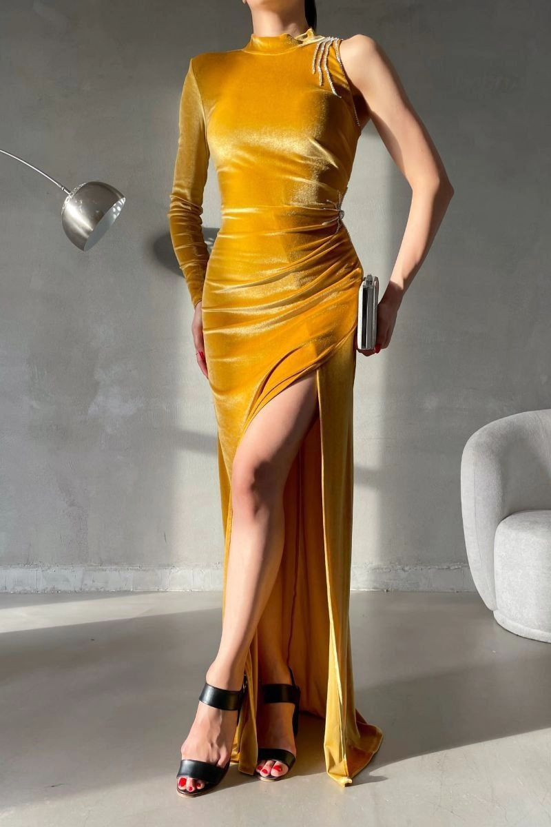 Miabel Charming Black Velvet One Shoulder Long Sleeves Long Prom Dress with High Split 