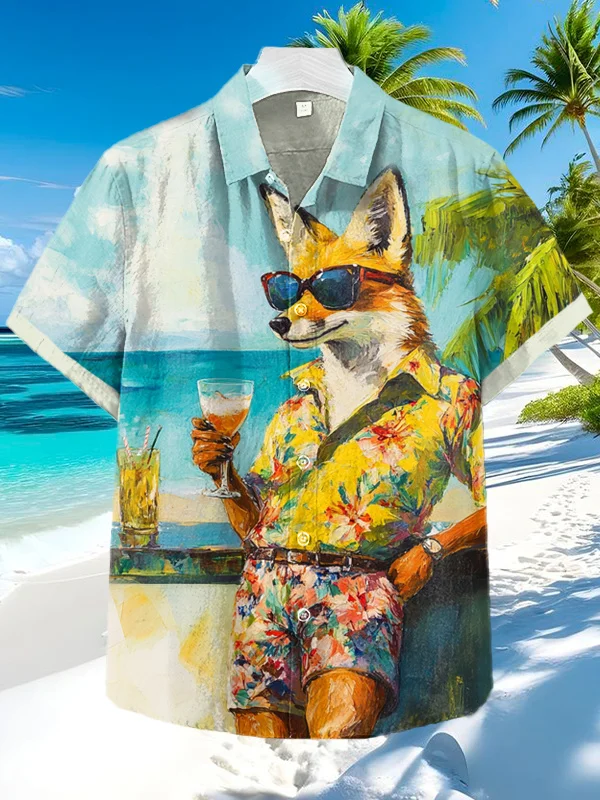 Men's Leisure Fox With Sunglasses Print Vacation Shirt
