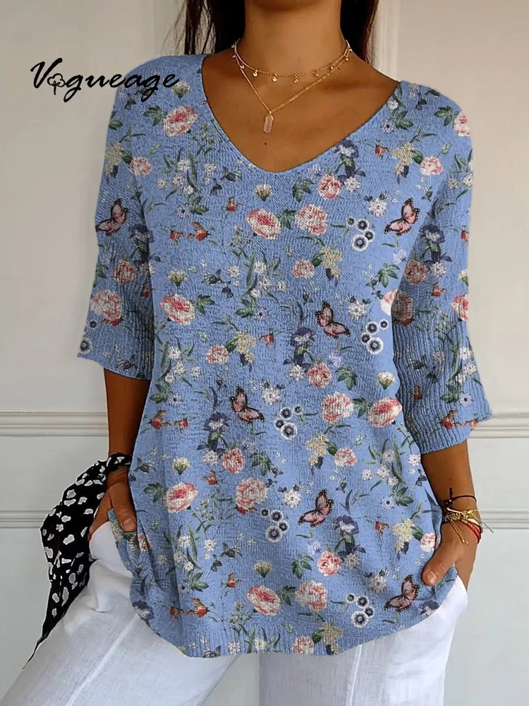 Gentle And Comfortable Small Flowers And Butterflies Printed Knitted Sweater