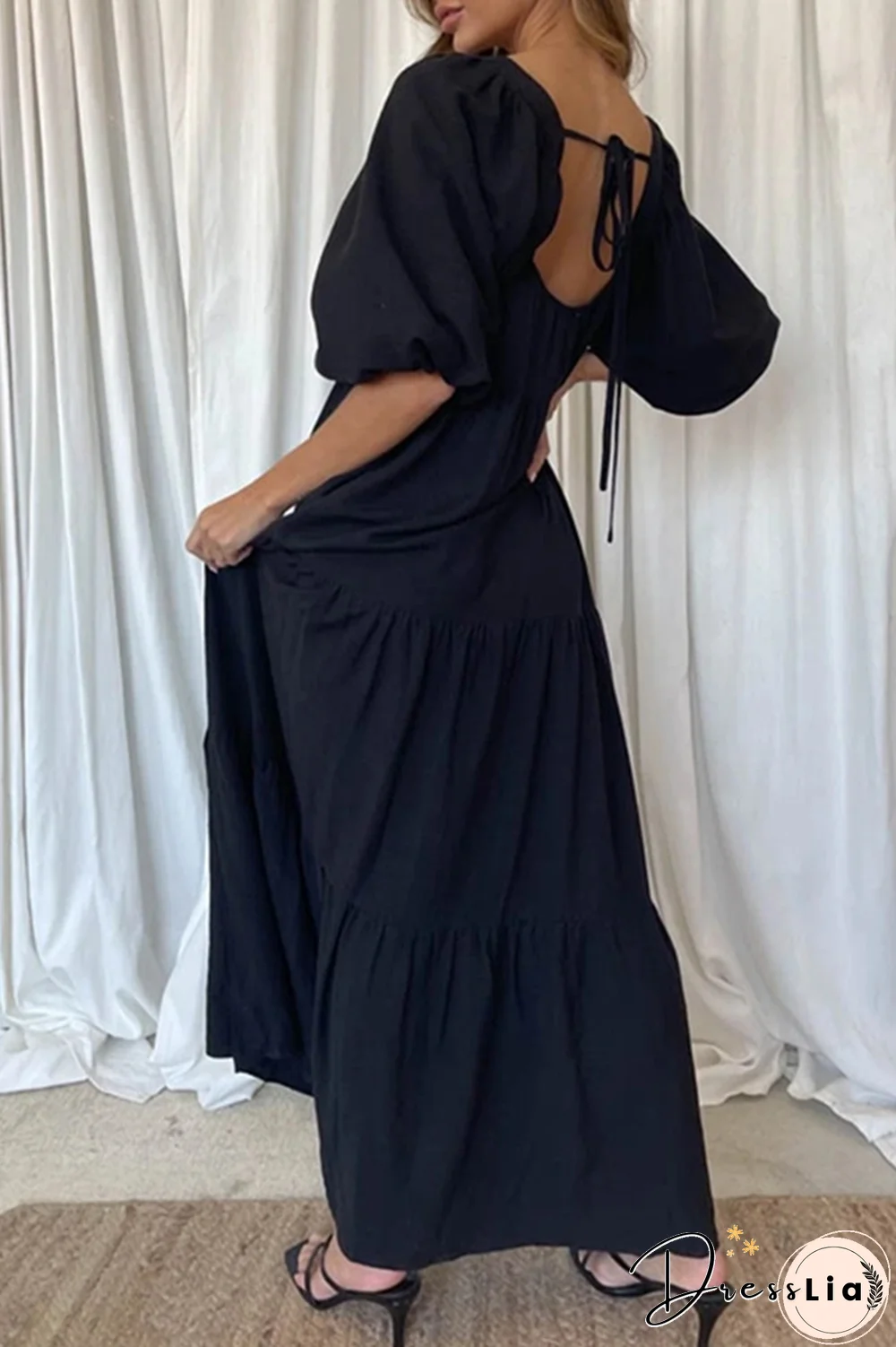 Elegant Solid Split Joint Flounce Square Collar A Line Dresses(3 Colors)