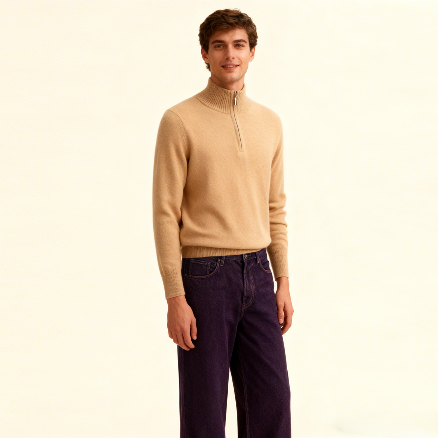 Men's Mock Neck Zip-Up Cashmere Sweater REAL SILK LIFE