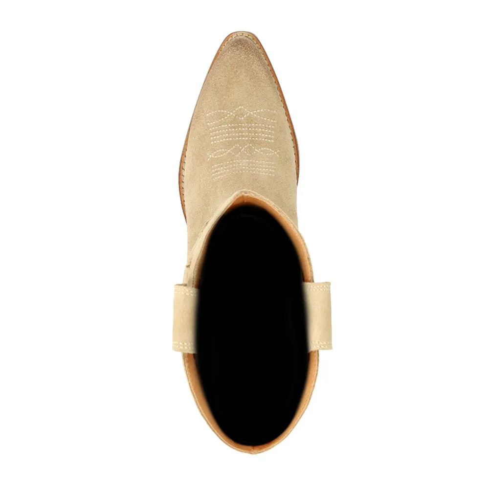 Khaki Vegan Suede Pointed Toe Embroidered Pull On Cowgirl Boots