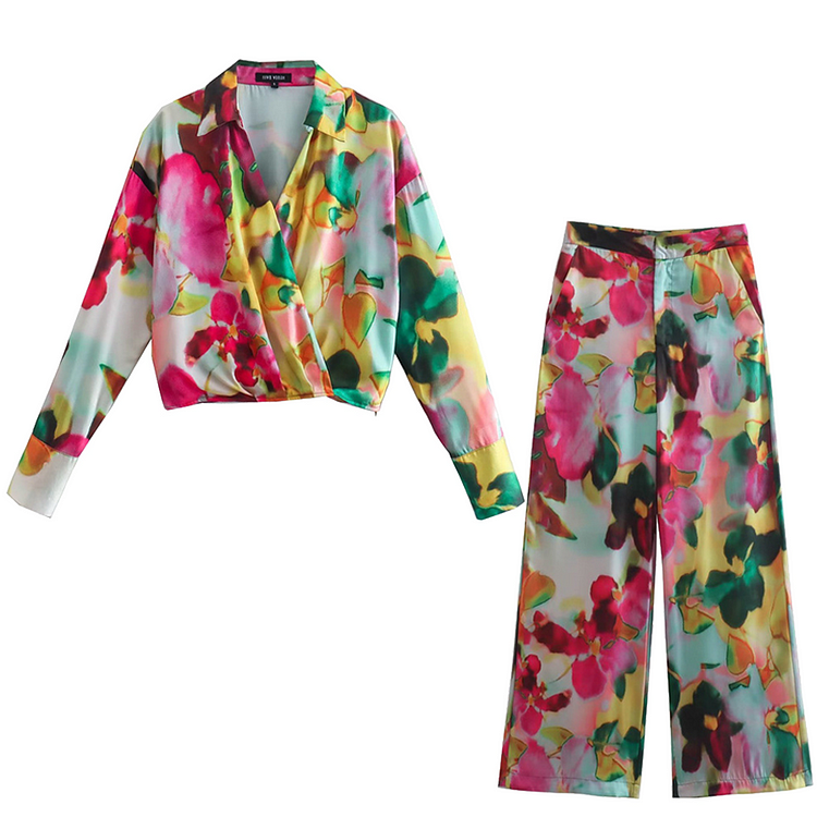Flaxmaker Fashion Casual Blossom Printed Two Piece Set