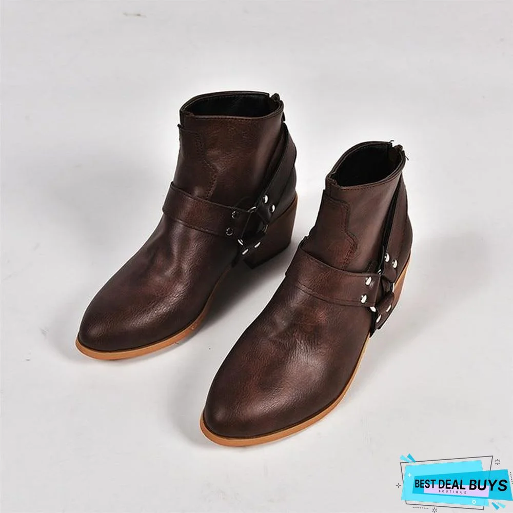 Women Boots Vintage Leather High Heels Shoes Bota Woman Autumn Short Boot Winter Buckle Daily Ankle Boots