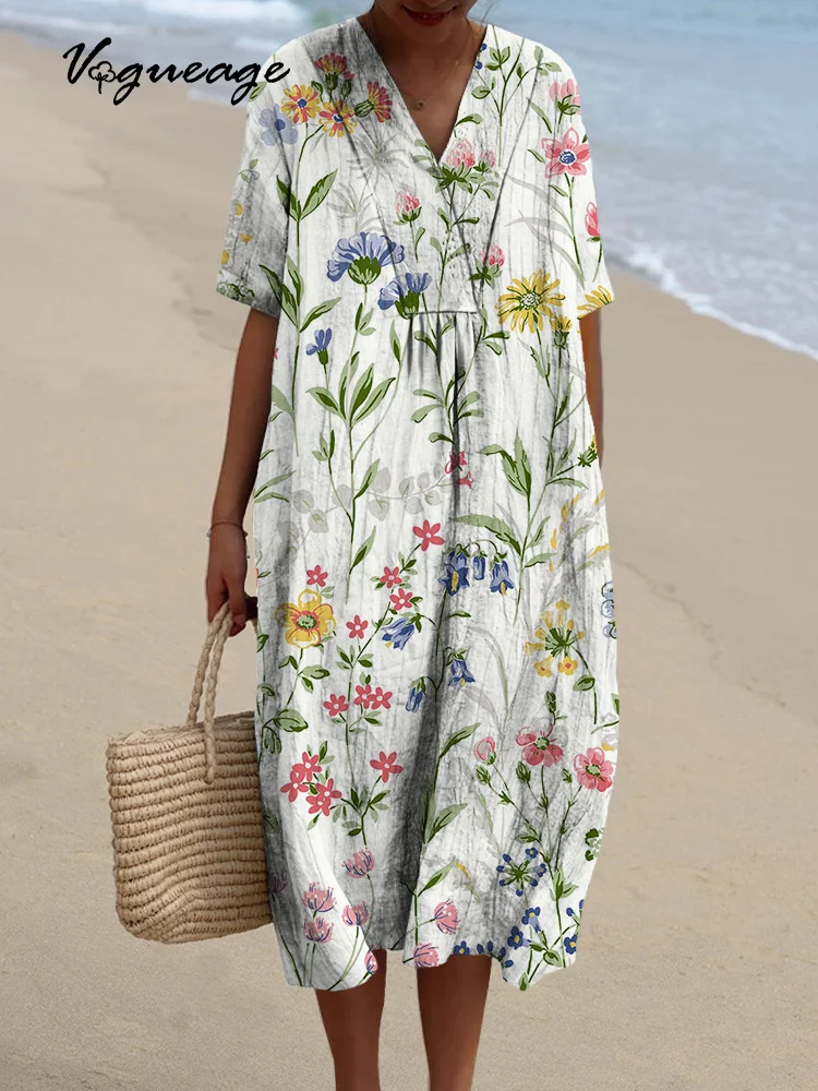 Elegant Ink Flowers Printed Women's Casual Cotton And Linen Dress