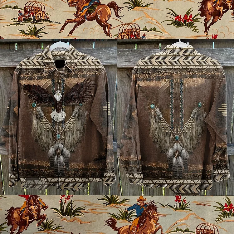 Aztec Western Eagle Feather Totem Shirt Vintage Stripe Print Casual Shirt