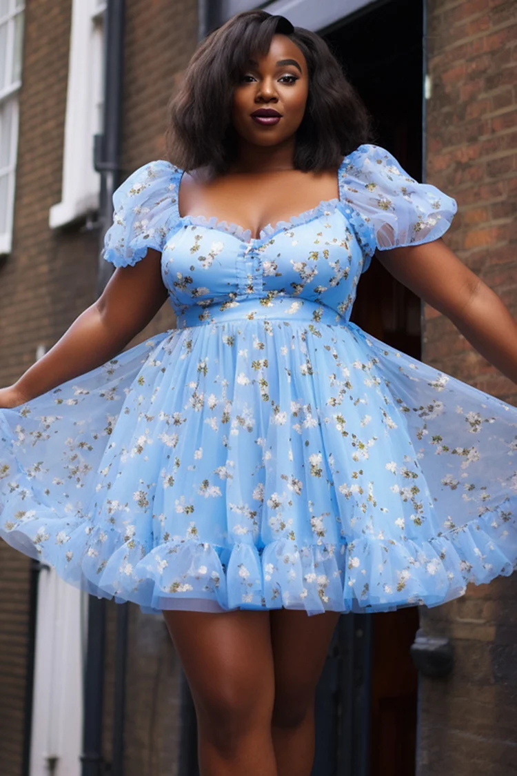 Xpluswear Design Plus Size Party Blue Milkmaid Floral Square Neck Short Sleeve Ruffle See Through Tulle Mini Dresses [Pre-Order] 2024 - Xpluswear