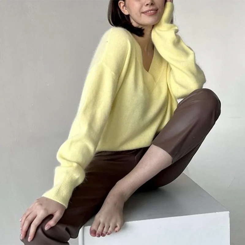 Athvotar Athvotar Autumn And Winter Ultra-Soft V-Neck Imitation Marinish Sweater Female Lazy Style Loose Knitted Sweater