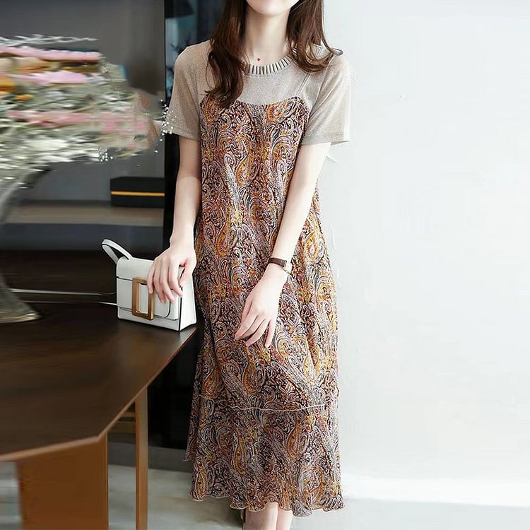 Paneled Short Sleeve A-Line Geometric Dresses QueenFunky