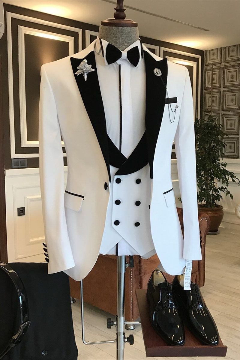 Classic Peaked Lapel Prom Attire For Guys 2022 White Mixed Black With One Button | Ballbellas Ballbellas