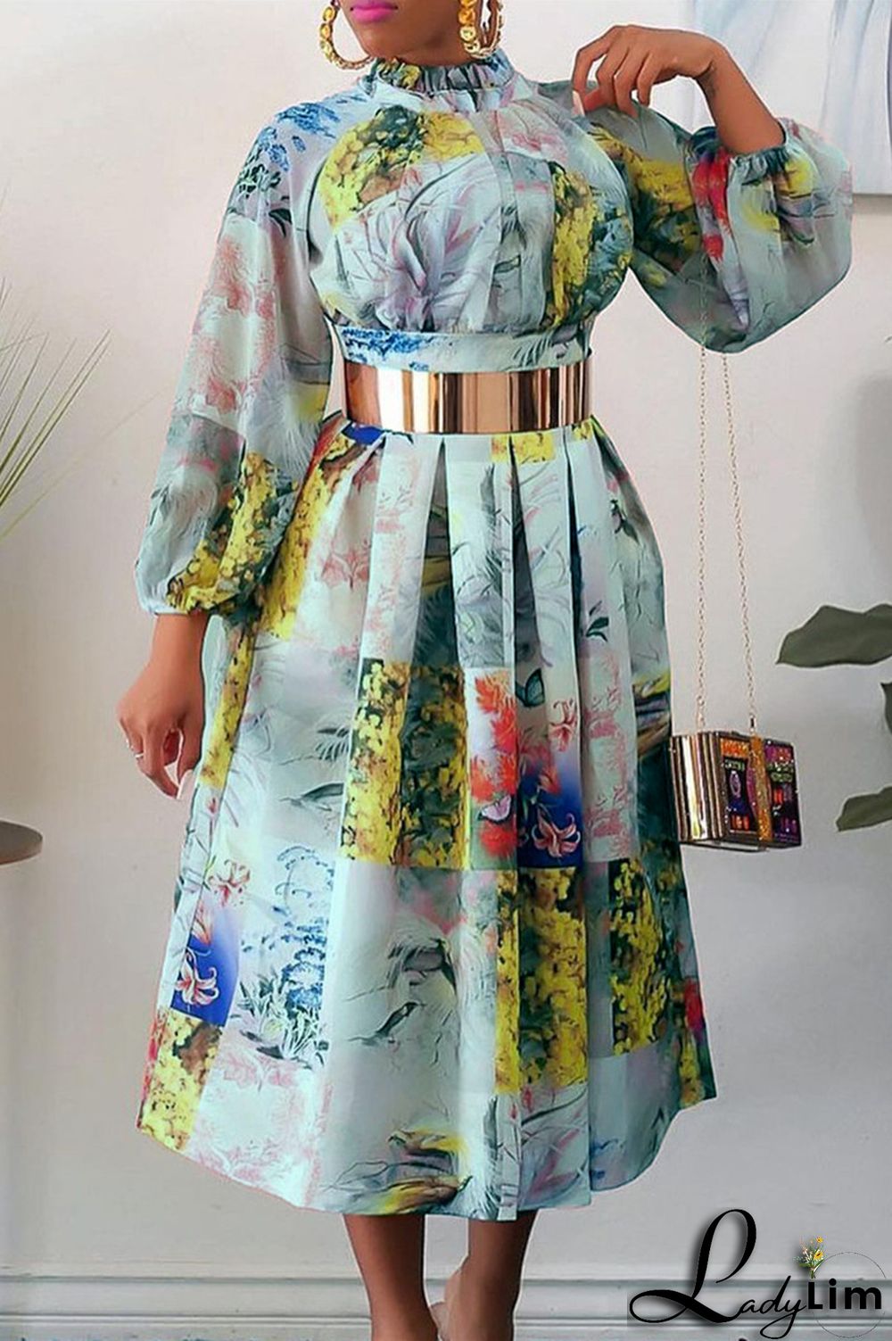 Purple Fashion Casual Print With Belt Turtleneck Long Sleeve Dresses