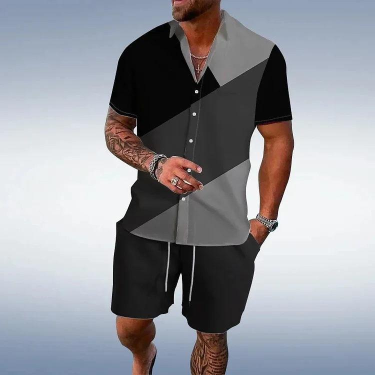 BrosWear Casual Black And Gray Colorblock Shirt And Shorts Co-Ord