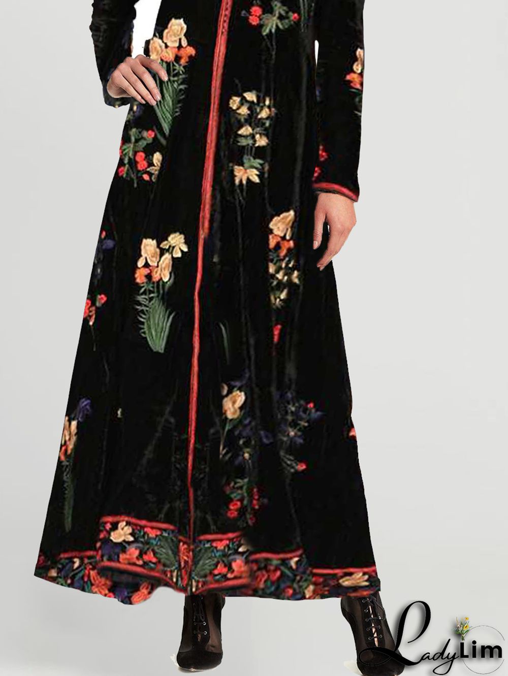 UR Casual Floral Stand Collar Long Sleeve Velvet Midi Dress