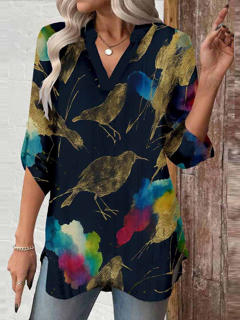 Women Abstract, Black, Colorful DZGA0217 3/4 Sleeve V-neck Printed Graphic Button Tops
