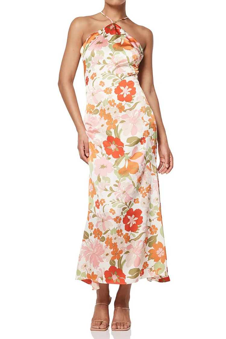 Cross Halter Neck Floral Print Tied Up Backless Slim Vacation Midi Dresses [Pre Order]
