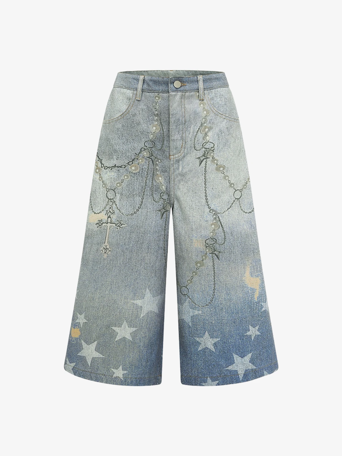 Light Blue Act Chic Pearl Chain Star Print Longline Jorts Front
