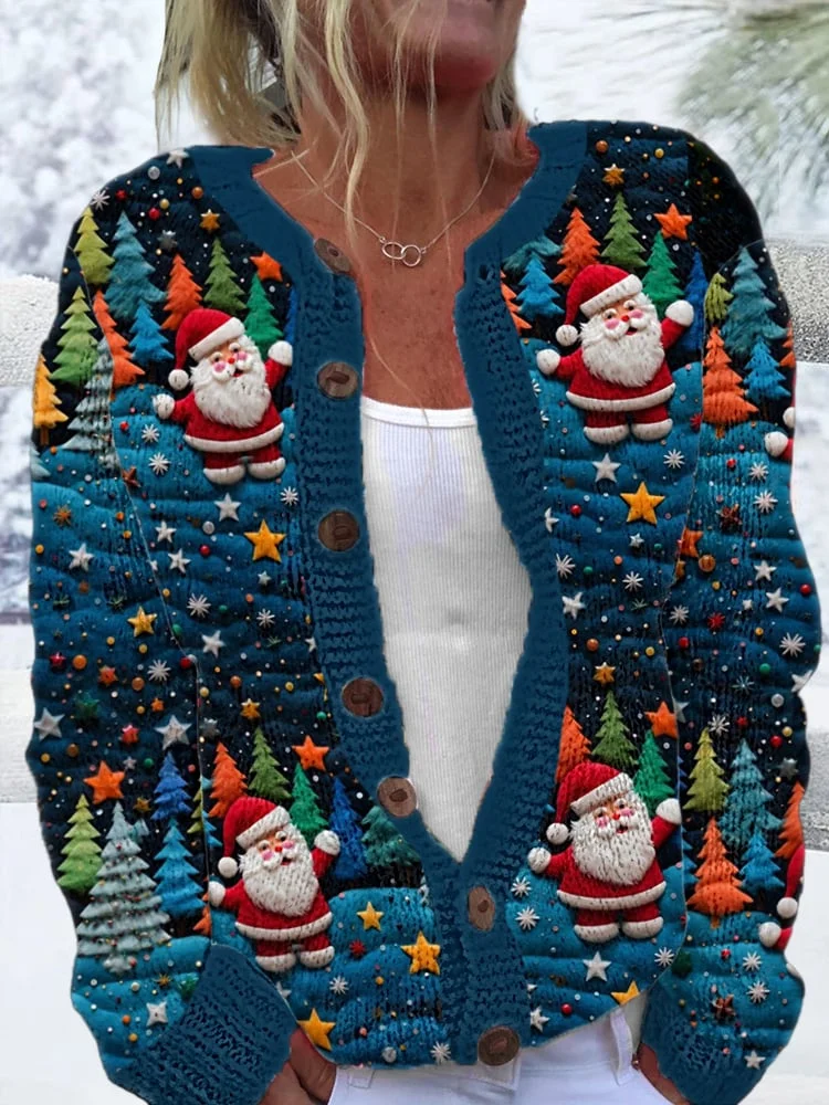 Women's Starry Night Christmas Santa Print Causal Cardigan