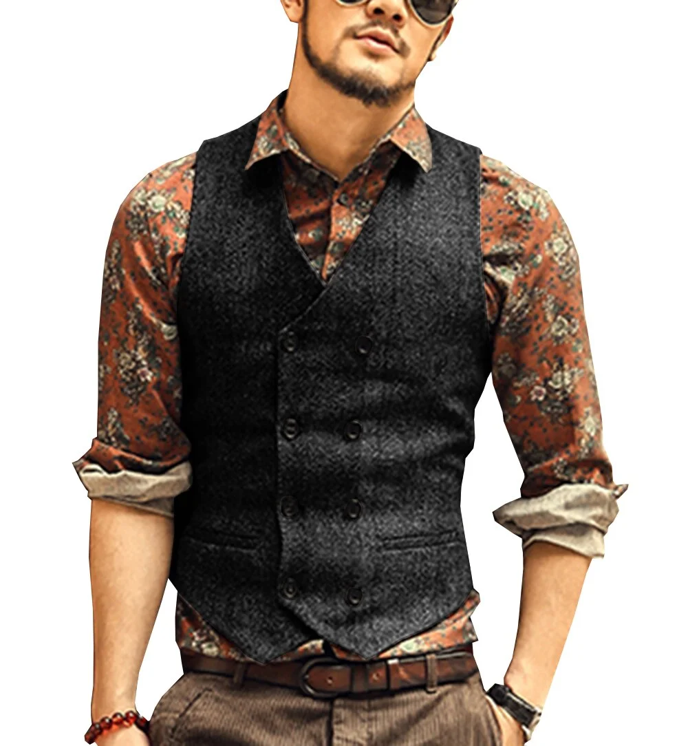 Inongge Casual Men's Brown Waiter Vest Jacket Slim Fit Prom Double Breasted Blazer Champagne Suits Waistcoat For Wedding Best Man Grooms