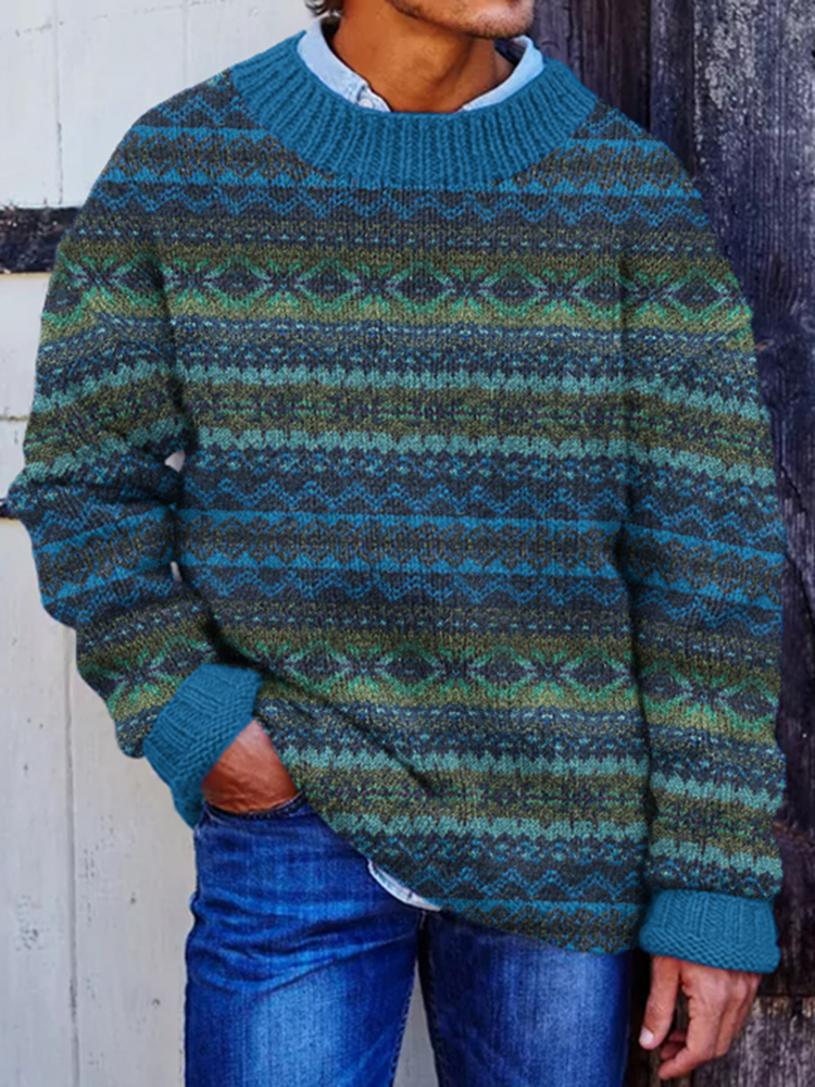 Comstylish Men's Retro Jacquard Color Block Rhombus Crew Neck Sweater