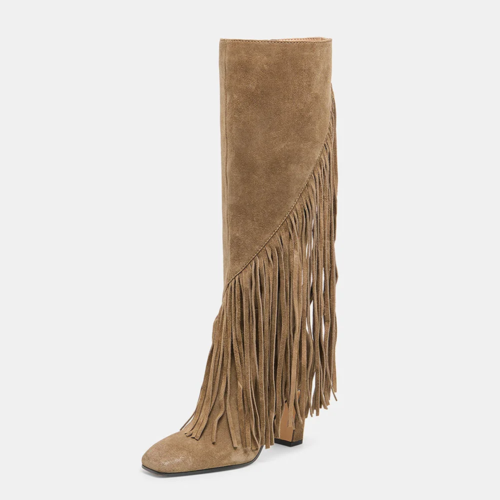Olive Vegan Suede Square Toe Fringe Side Zipper Tall Boots for Women