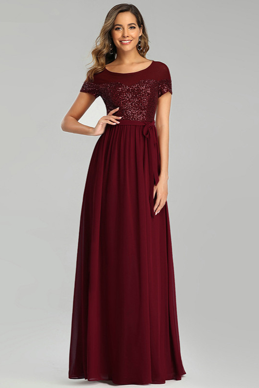 Bellasprom Sparkle Burgundy Evening Dresses With Short Sleeves Sequins Bellasprom