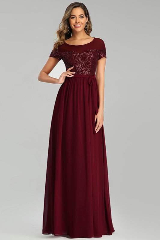 Sparkle Burgundy Sequins Evening Dresses With Short Sleeves - lulusllly