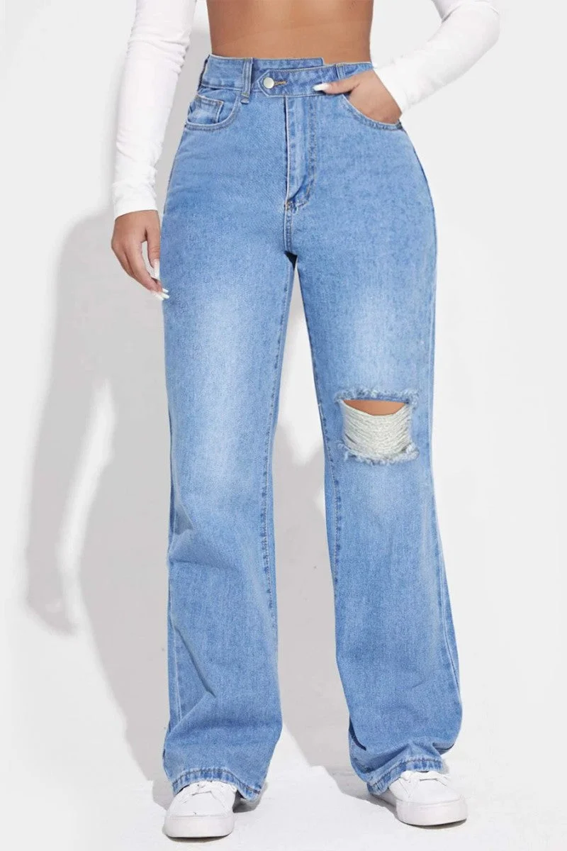 Casual Solid Ripped Mid Waist Straight Denim Jeans