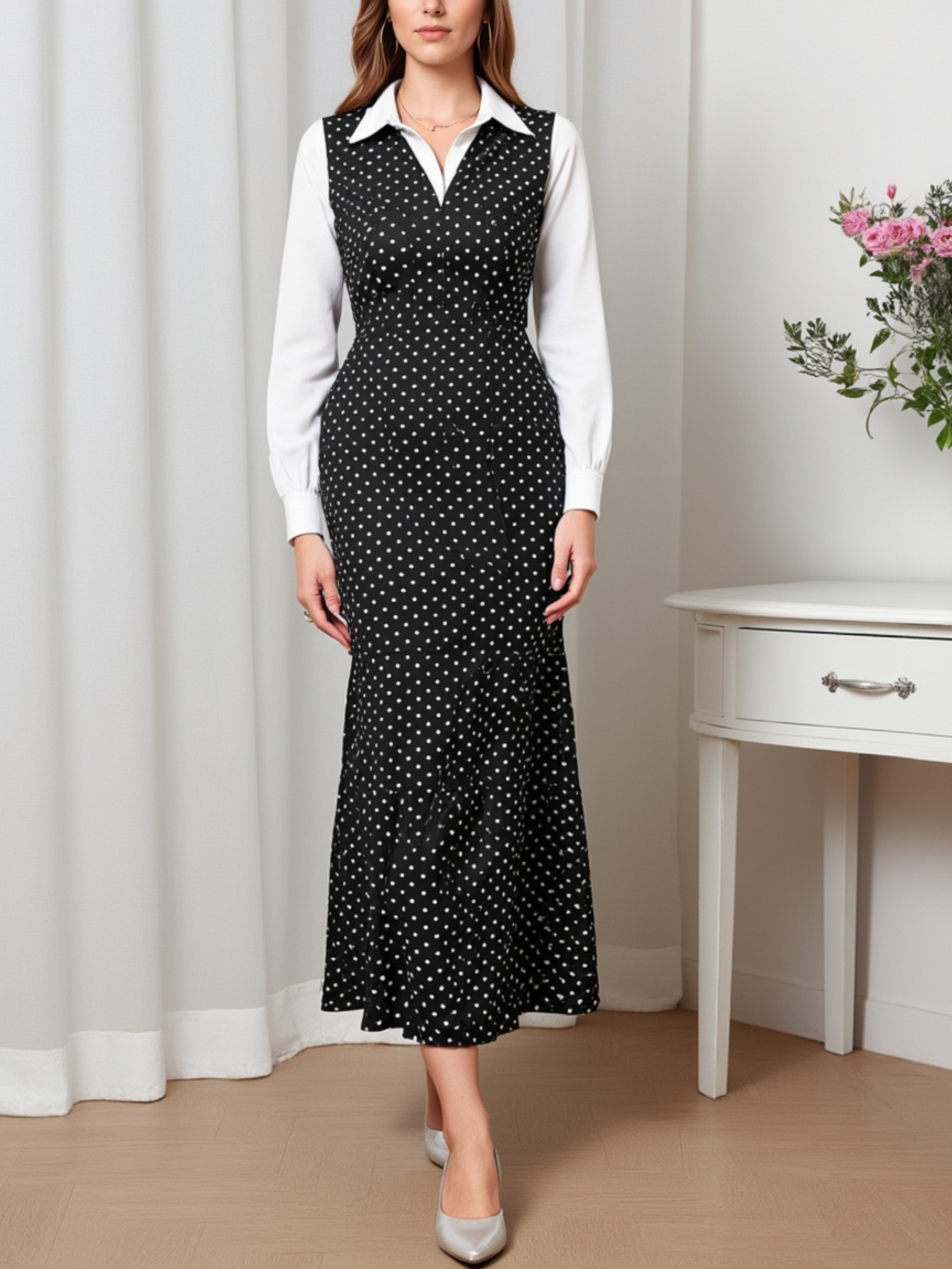 Women's Elegant Retro Polka Dot Mock Two-Piece Dress -Pcollared Mock Waist Short Jacket-Like Top & Flowy Mermaid Maxi,Wstructured Non-Stretch Office To Party Dress For 1950s Inspired Events (Hand Washable)