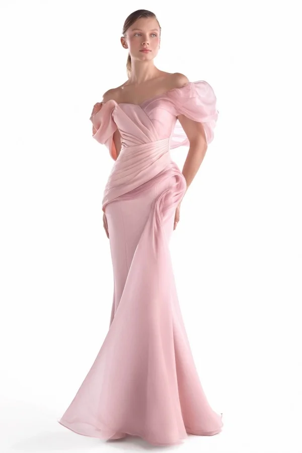 Tulle V-Neck Off-The-Shoulder Strapless Bubble Sleeves Long Pleated Mermaid Prom Dress | YC0367 Wellcucu