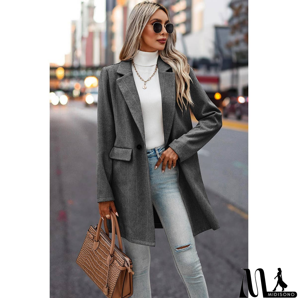 MidiSono - Button Front Open Solid Pockets Fit Blazer