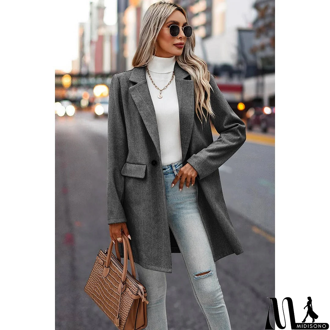 MidiSono - Button Front Open Solid Pockets Fit Blazer