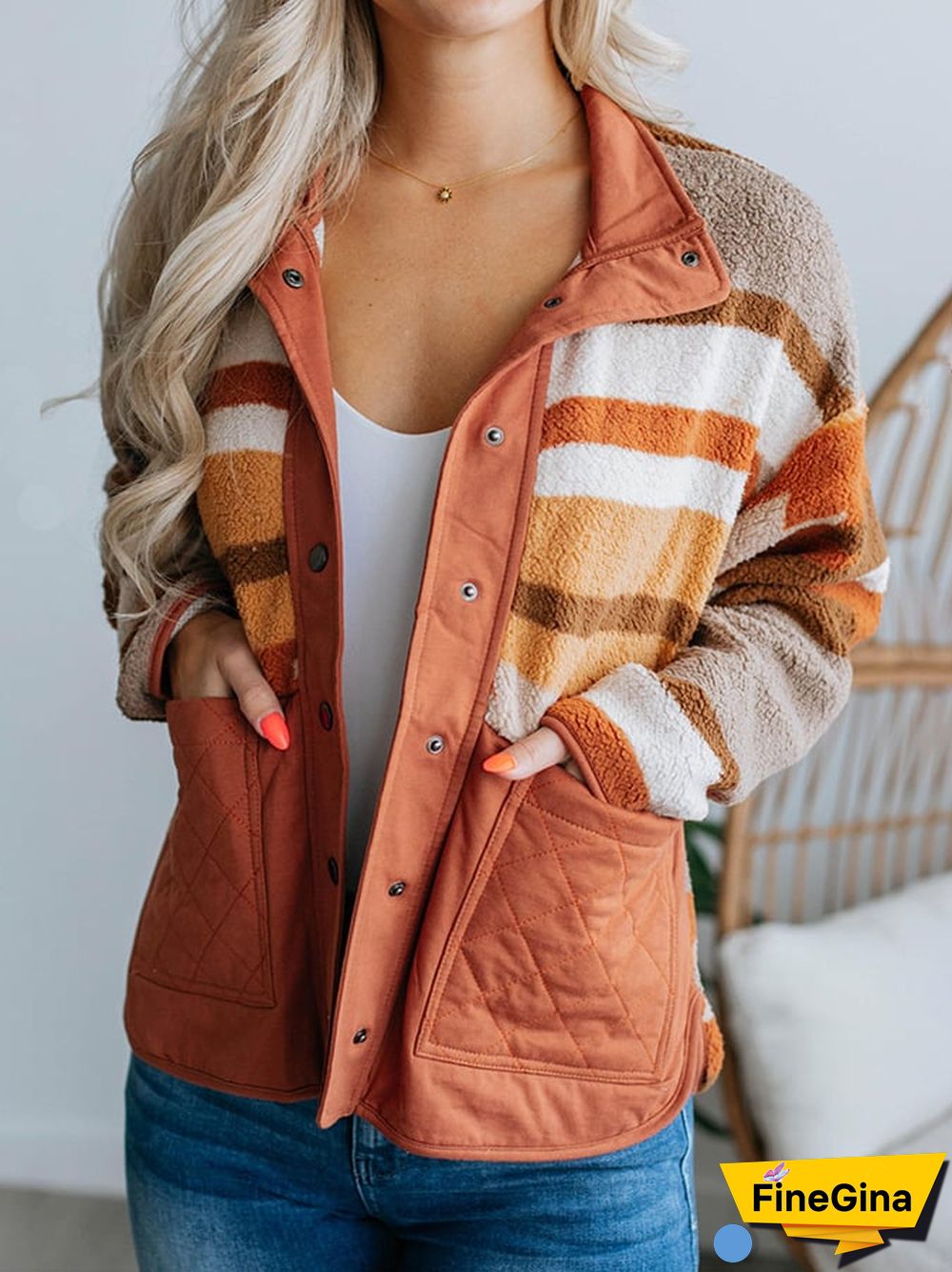 Women's Casual Printed Stripe Contrast Color Button Front Fleece Splicing Coat