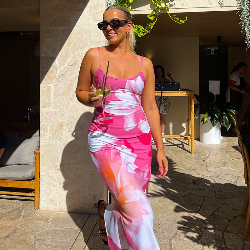 Ootddress Contrast Spaghetti Slim Maxi Dress Female Printed Off-Shoulder Fashion Holiday Beach Dress Patchwork Summer Party Dress