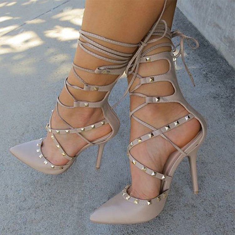Nude Strappy Heels Pointed Toe Rivets Shoes Stiletto Heels Pumps |FSJ Shoes