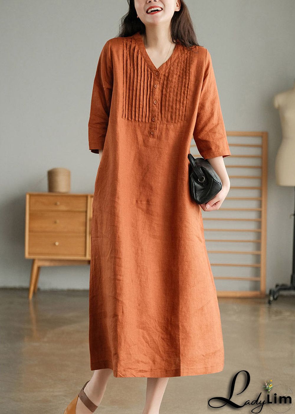 Grey Print6 Loose Linen Long Dresses Button Solid Half Sleeve