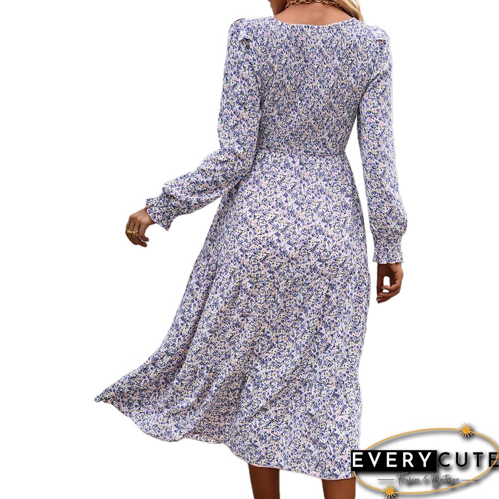 Purple Long Sleeve Pleated Midi Floral Dress
