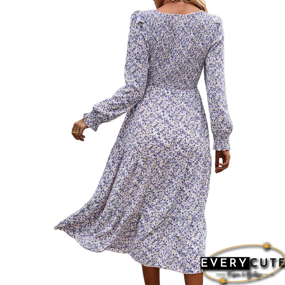 Purple Long Sleeve Pleated Midi Floral Dress
