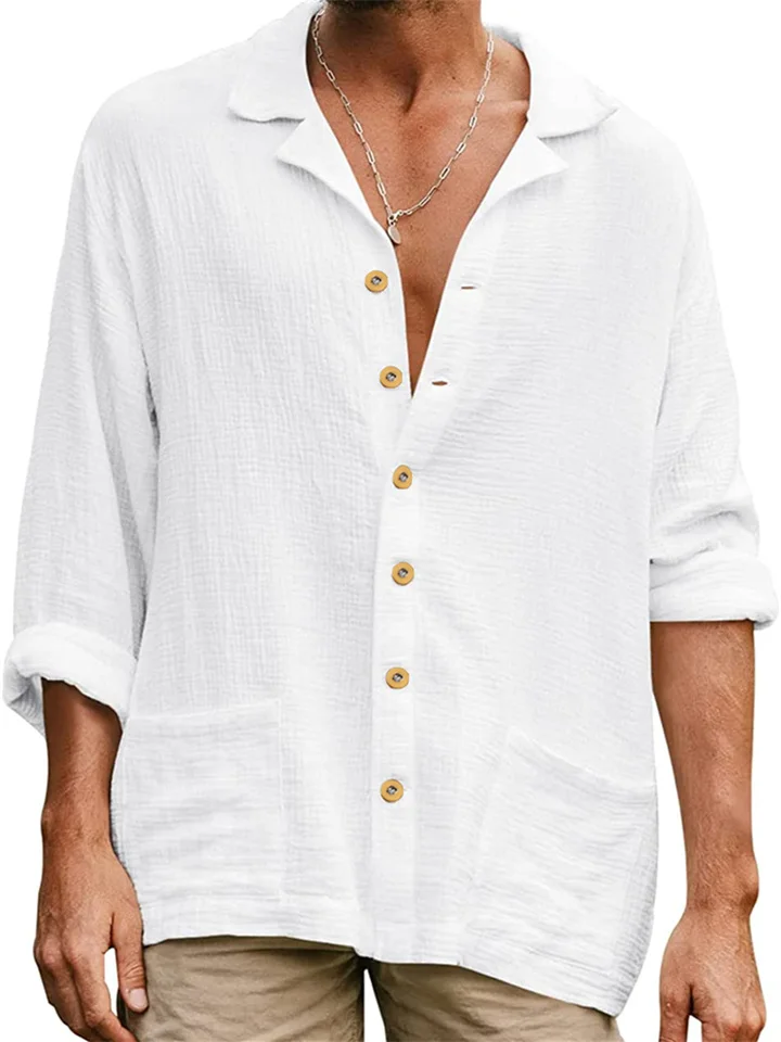 Men's Loose Large Size Casual Lapel Long-sleeved Shirt Men's Solid Color Comfortable Shirt-Mixcun