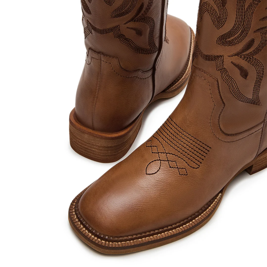 Vegan Leather Square Toe Brown Embroidered Pull-On Cowgirl Boots