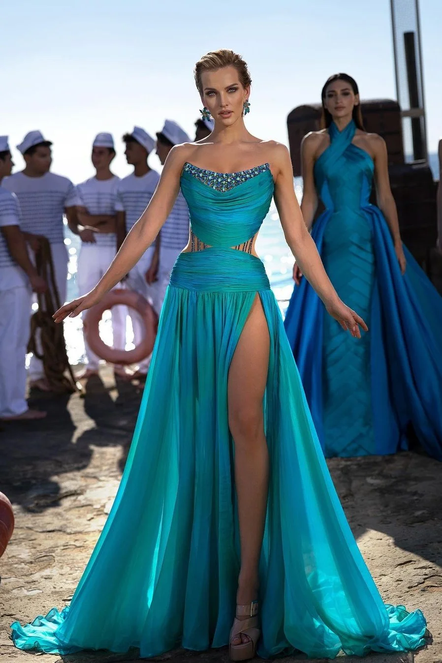 Pretty Jade Beaded Strapless Prom Dress Tulle With Slit | Ballbellas Ballbellas