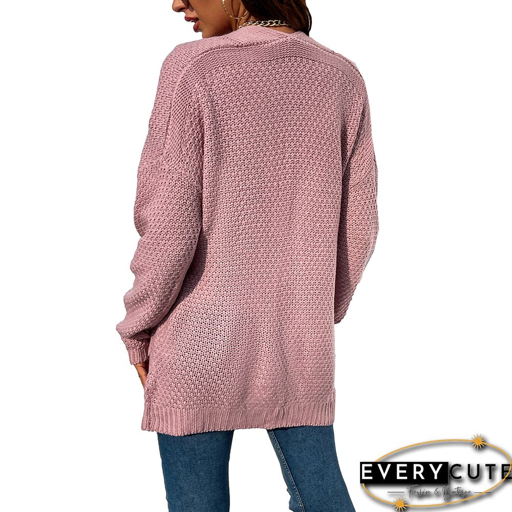 Pink Cable Knit Long Cardigan with Pocket
