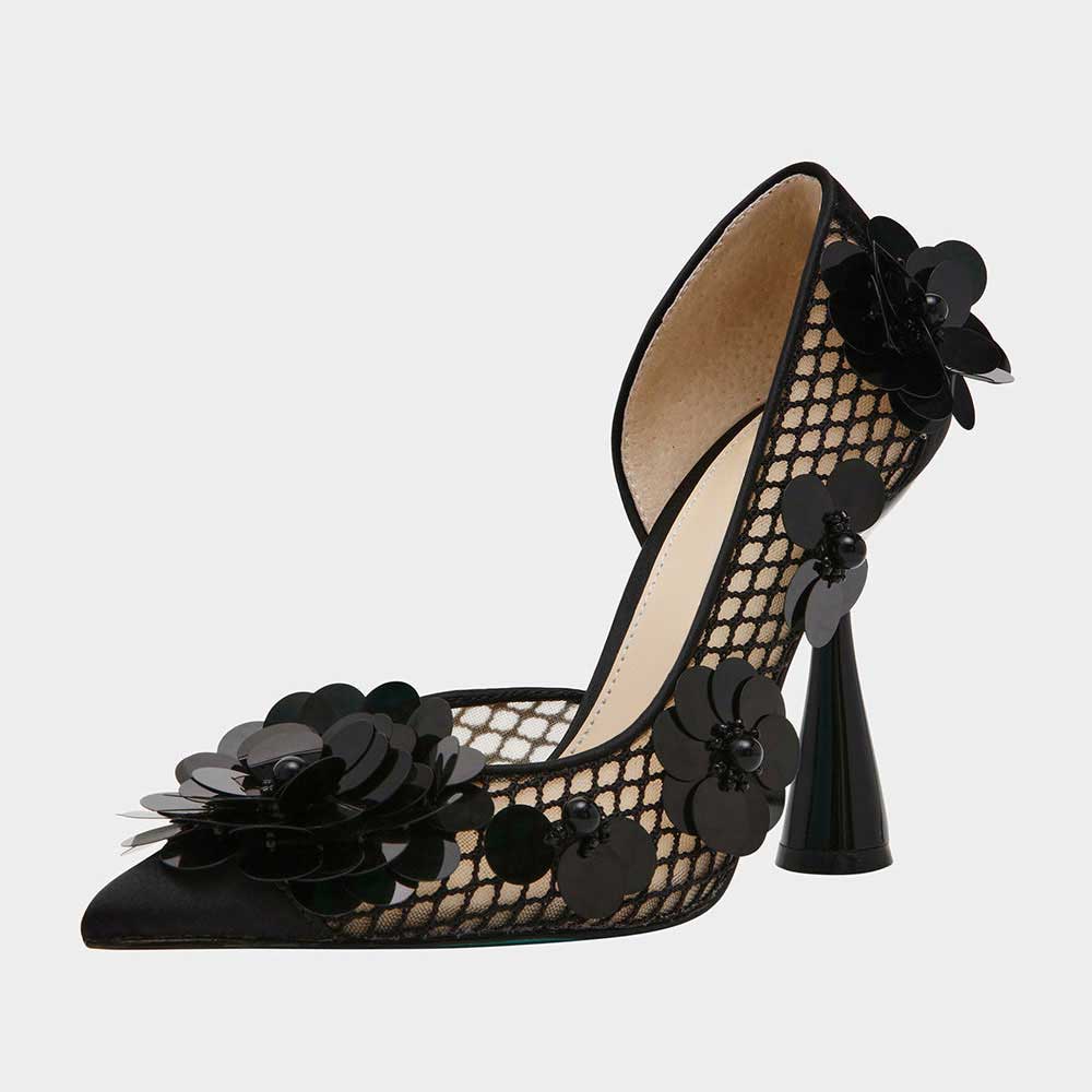Black Mesh Pointed Toe Flared Heel Decor Sequin Floral Pumps Shoes Nicepairs