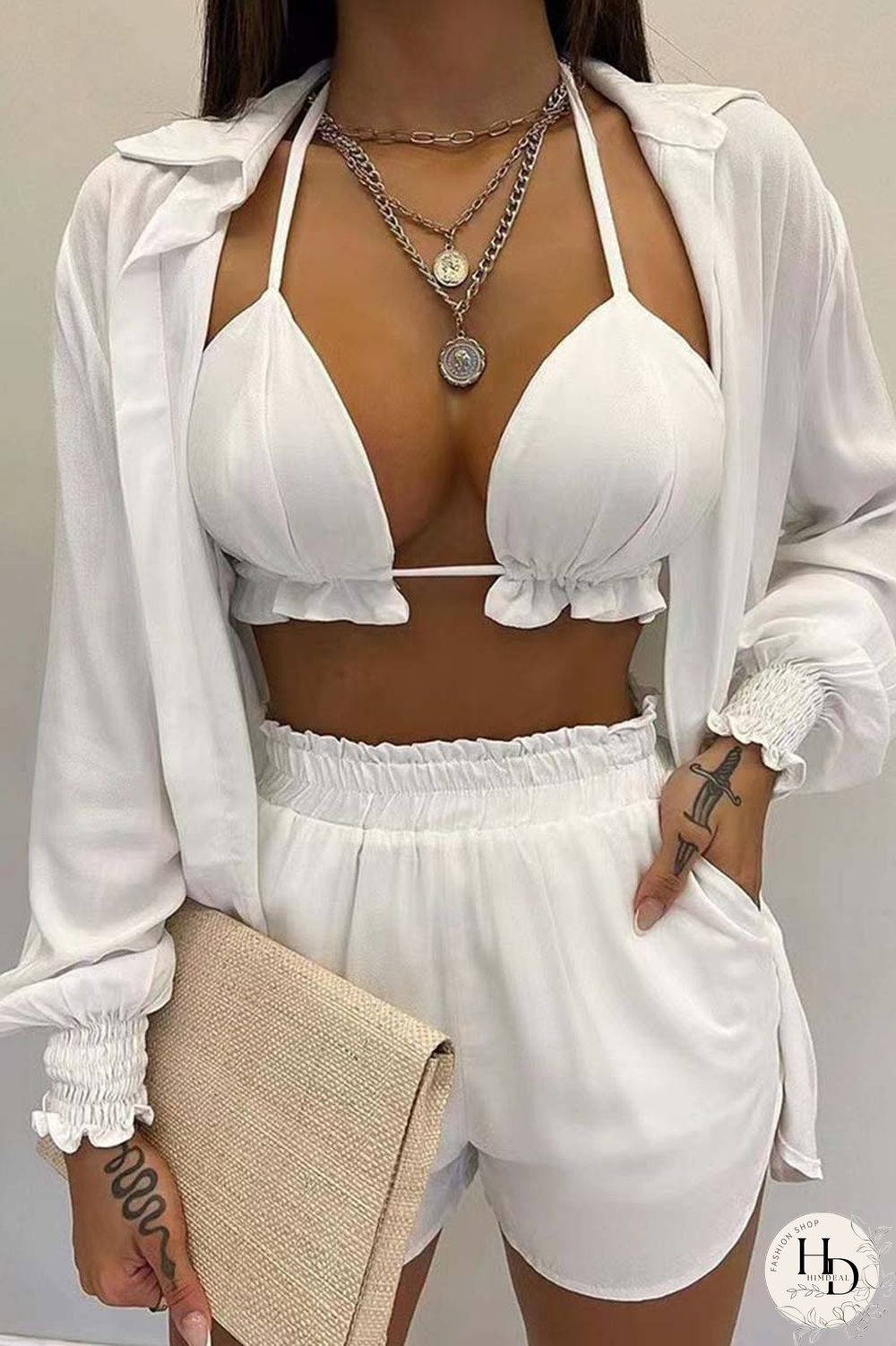 White Sexy Casual Print Solid Basic Long Sleeve Three Piece Set