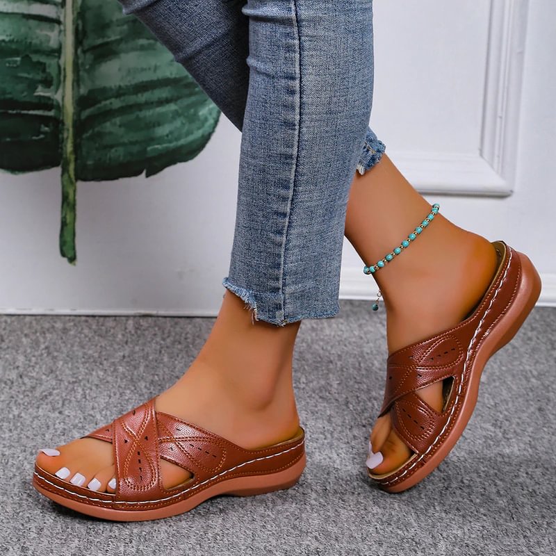 Yyvonne Summer Women Wedge Sandals Premium Orthopedic Open Toe Sandals Vintage Anti-slip Leather Casual Female Platform Retro Shoes